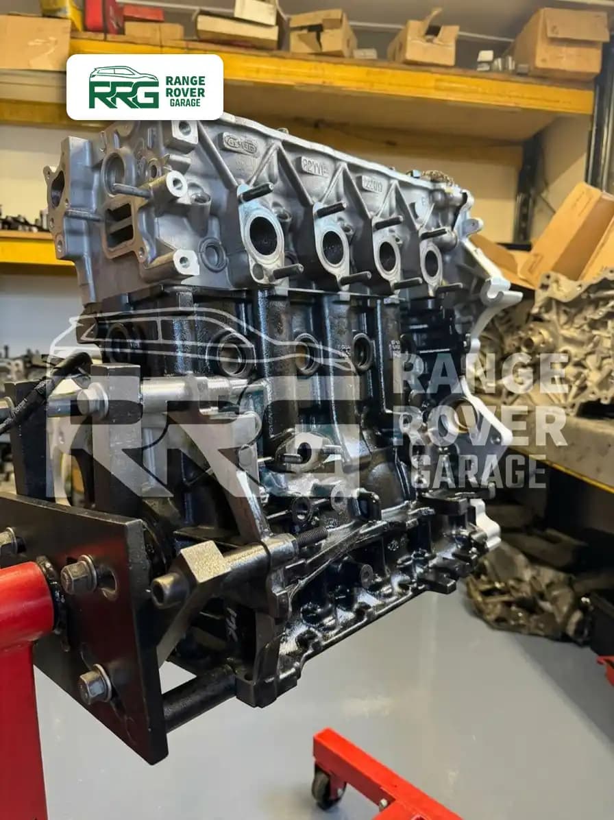 Engine block on a stand with the cylinder head removed
