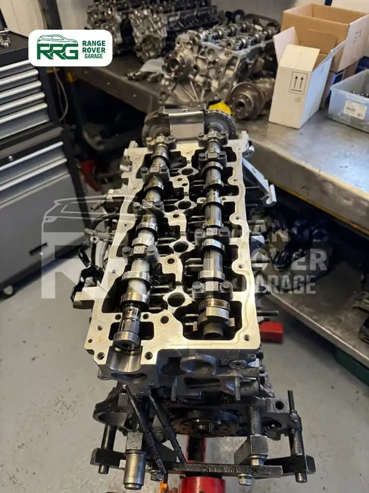 Exposed camshafts on an engine undergoing repairs