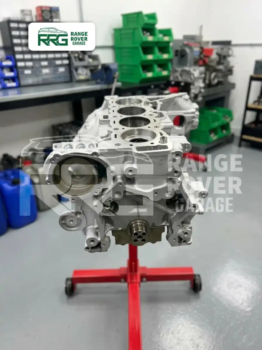 Engine block on a stand with its cylinder head removed