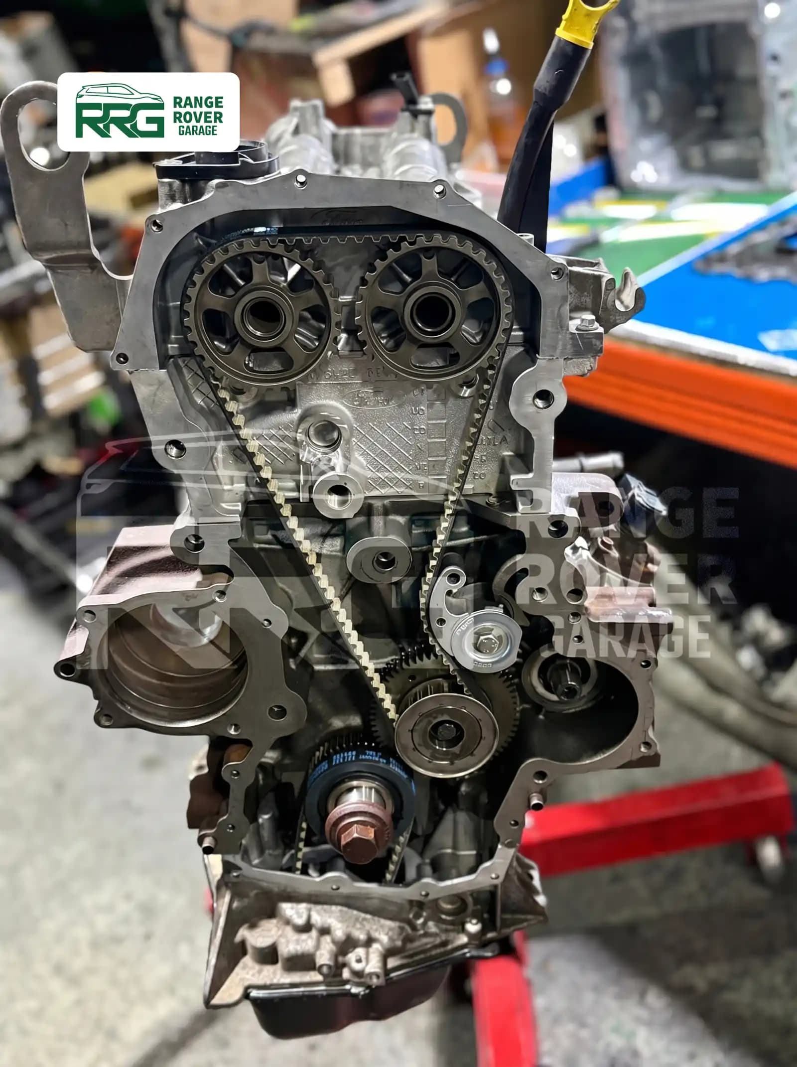 Engine with its front cover removed to expose timing components
