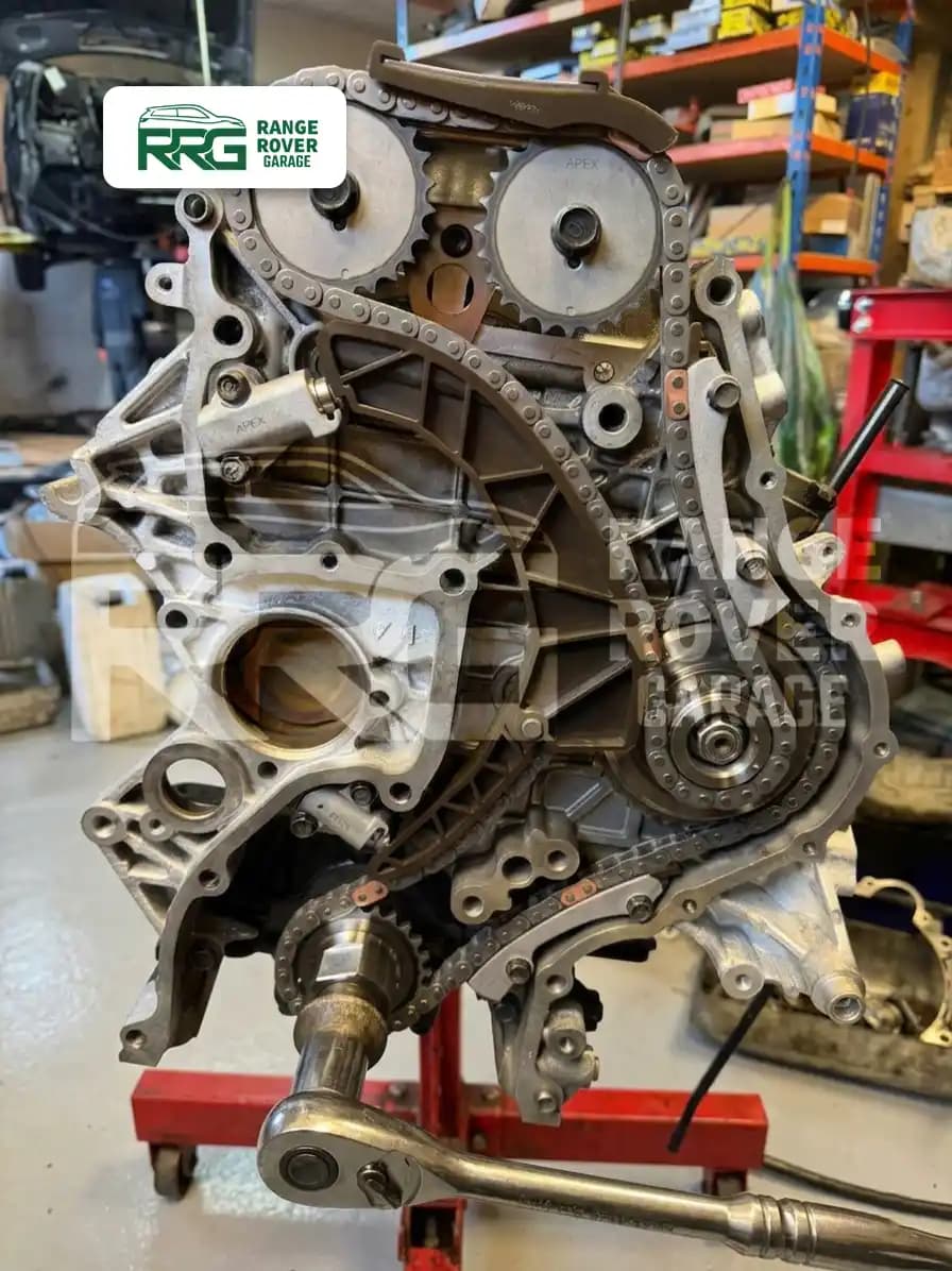 Engine timing cover removed to expose internal components