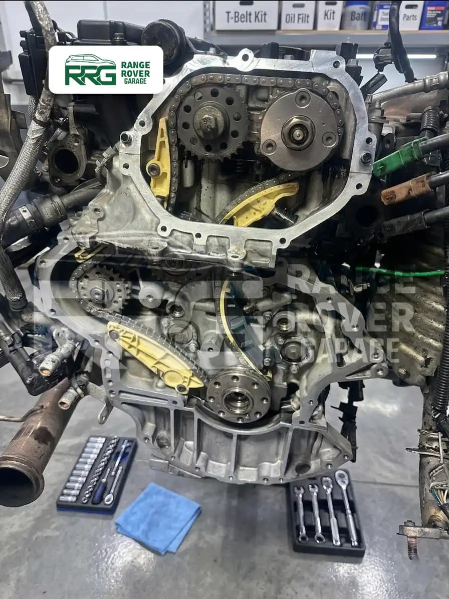 Close-up of an engine timing chain and sprockets