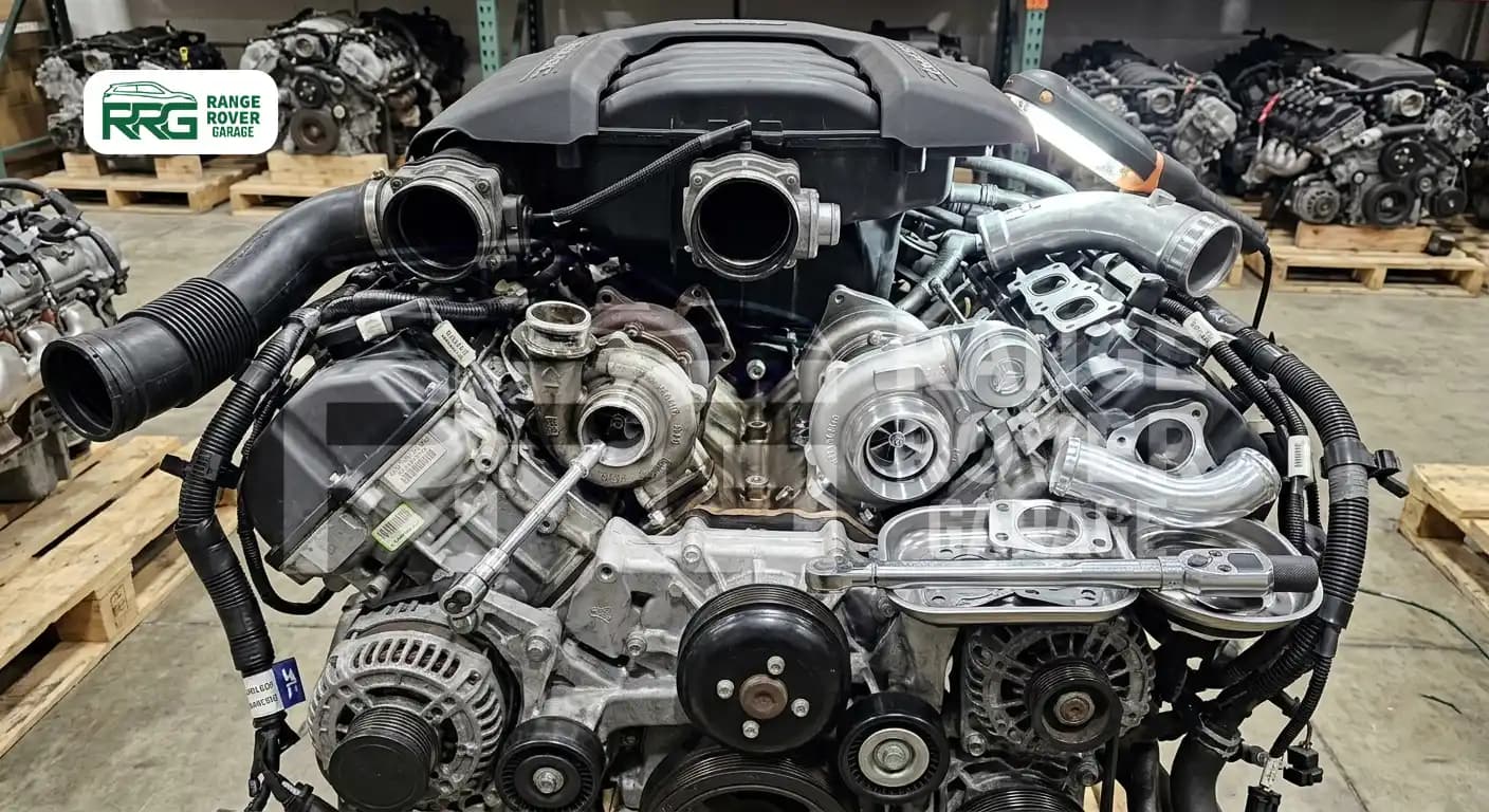 Engine with turbocharger and intake components exposed in the workshop