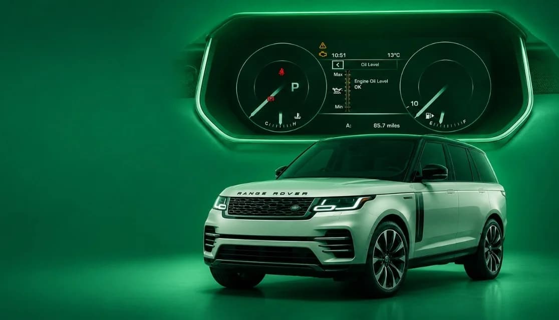 Range Rover beside an instrument display showing the electronic engine oil level