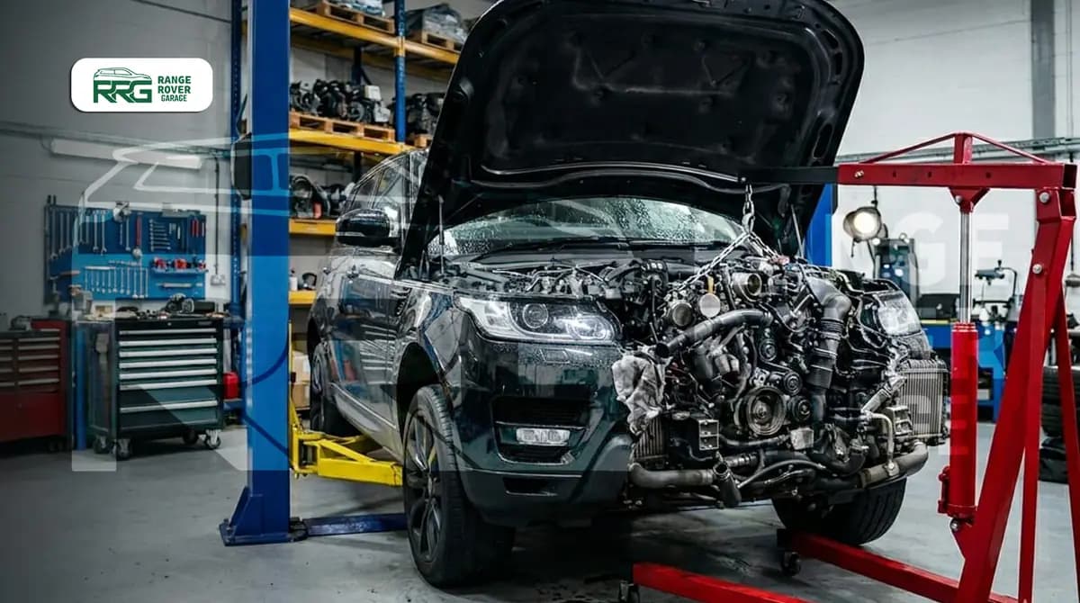 Range Rover with its bonnet open and removed engine in the workshop
