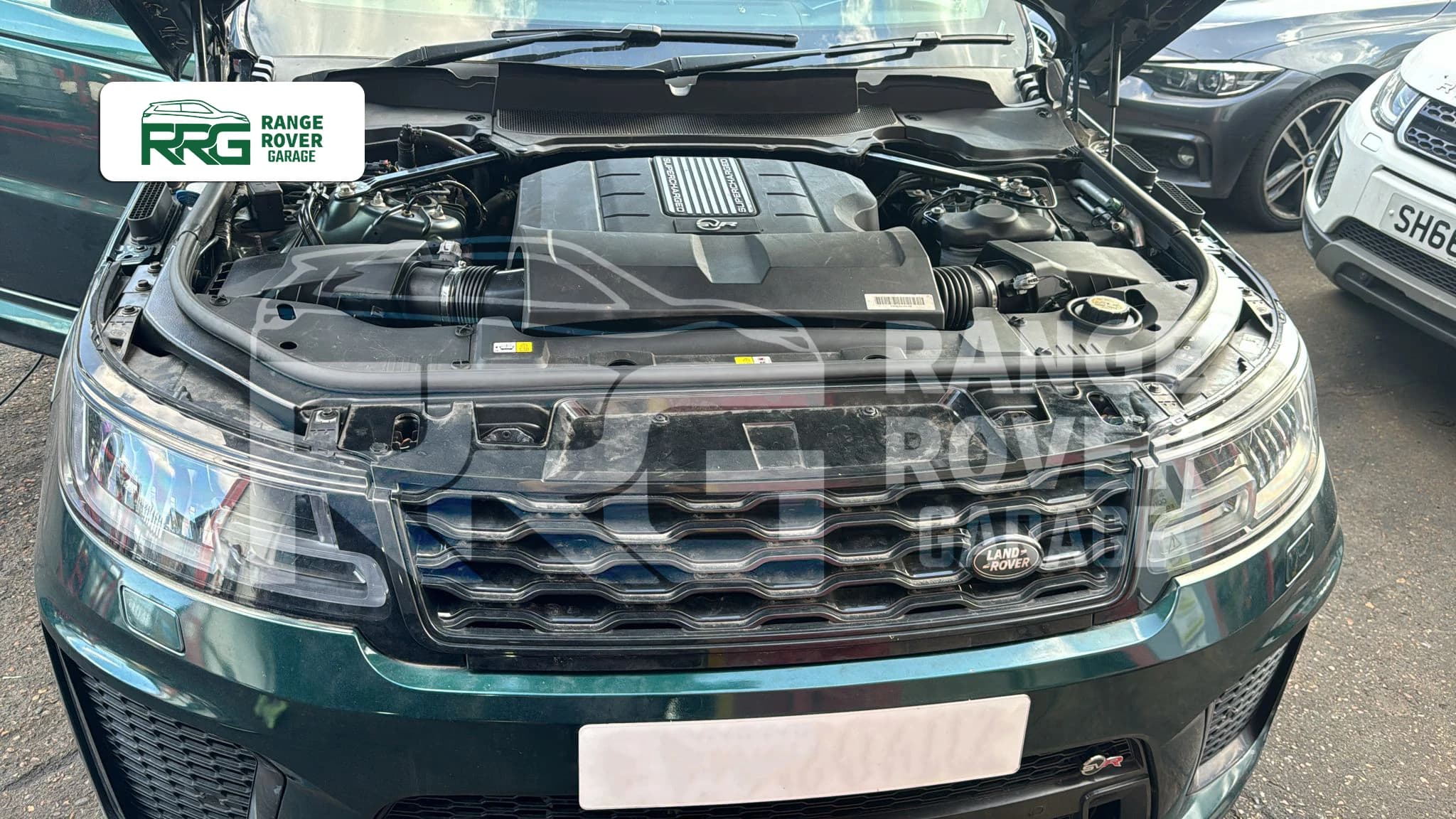 Range Rover engine bay with the bonnet open